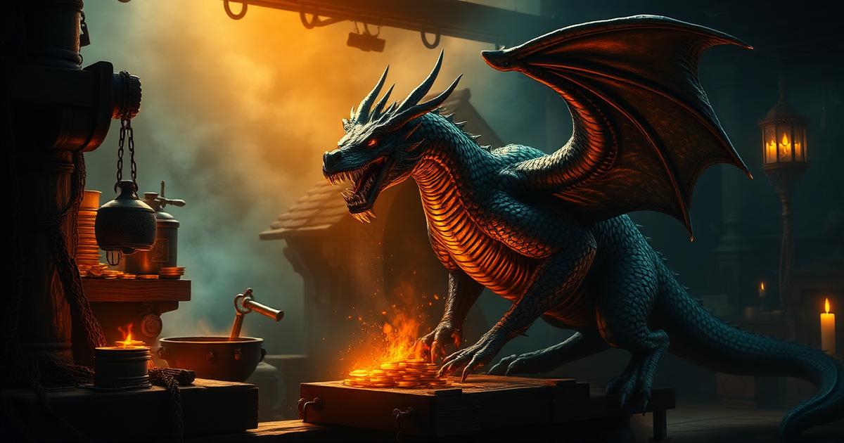 Dragon forging golden coins, illustrating the true cost stack of trading